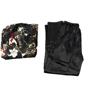 Vintage 2 Pc Black Floral Satin Pajamas Set Loungewear Small NWT Y2K